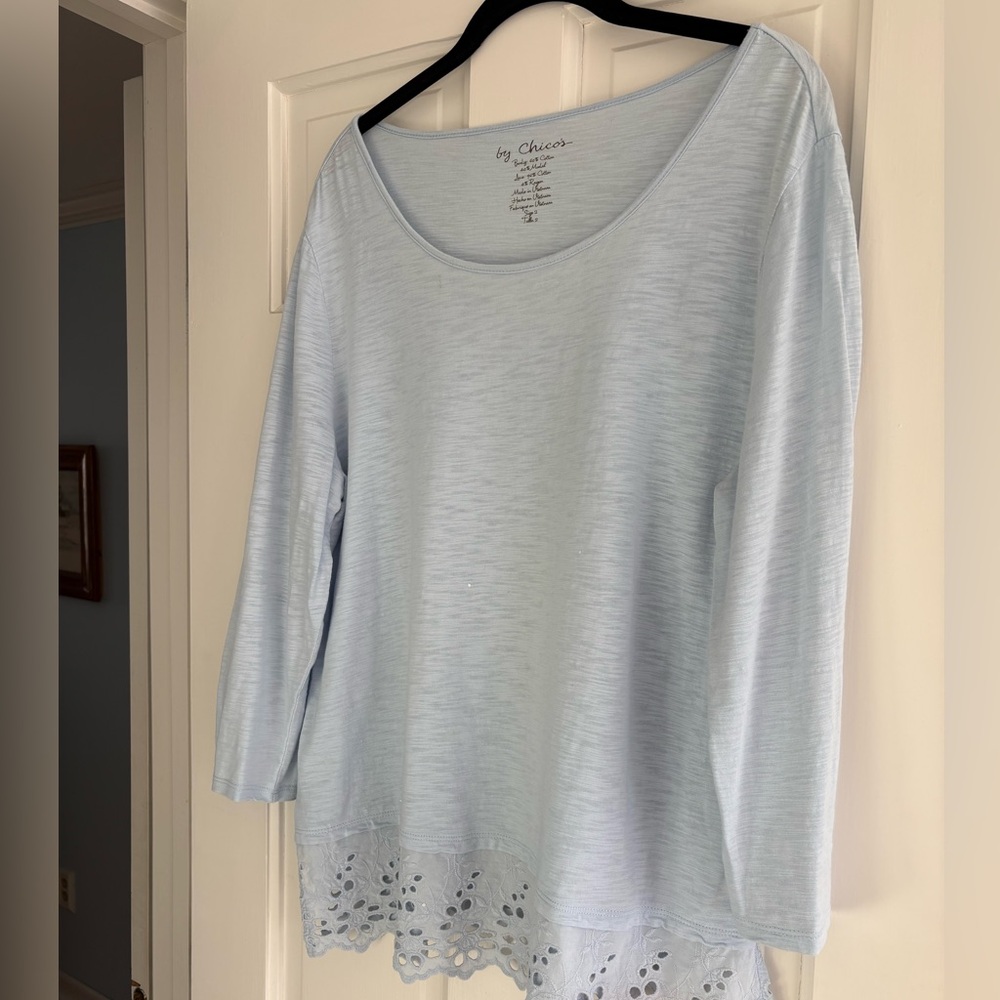 Chico's Pale Blue Scoop Neck Long Sleeve Top with Eyelet Hem Chico’s size 2